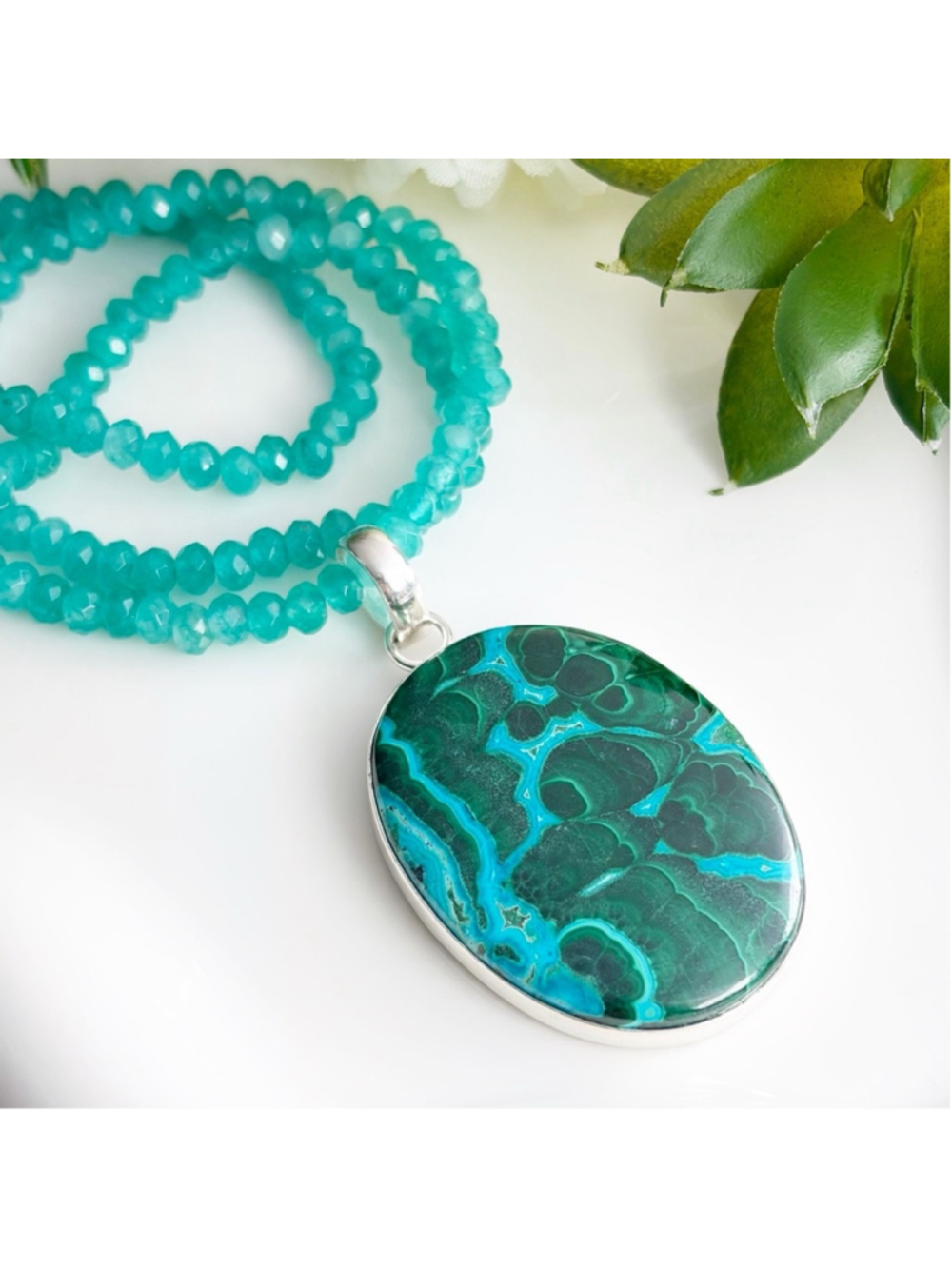 Sterling Silver 925 Large Top Quality Malachite Chrysocolla Pendant Handmade New